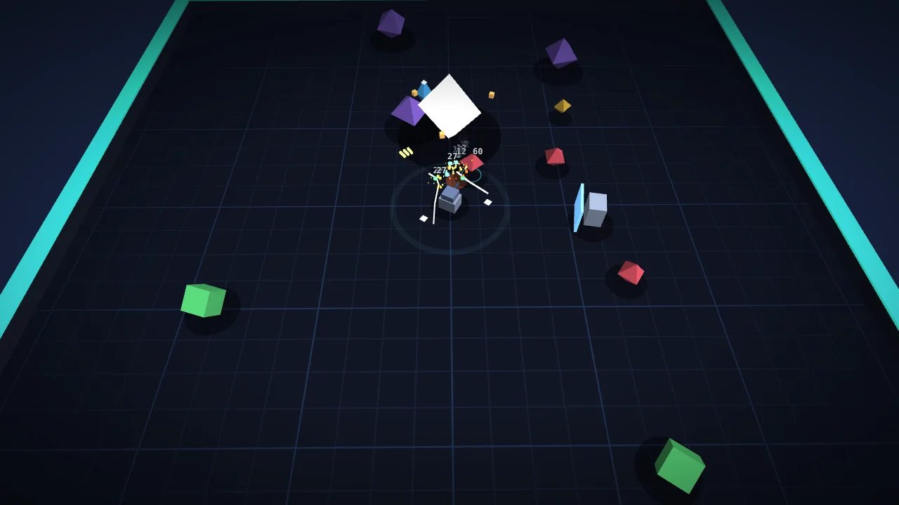 Emberfall: a ship in a neon arena, surrounded by enemies and a burning boss